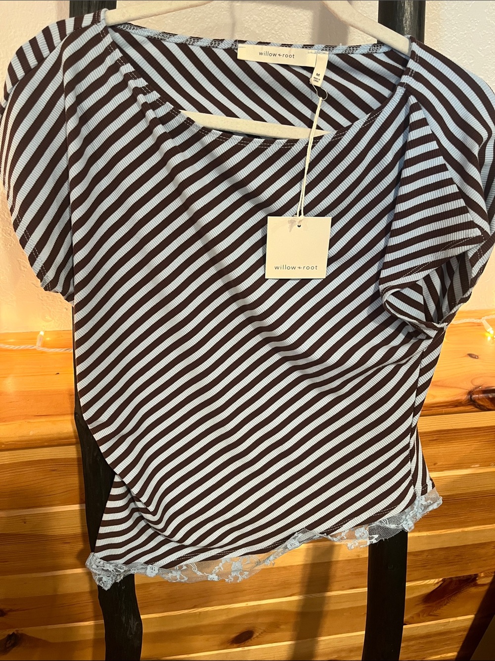 Willow Diagonal Black and Light Blue Striped Short Sleeve Top